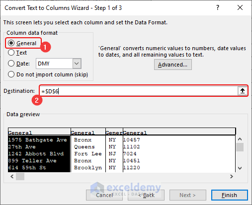 Applying Text to Columns Command to Format Addresses