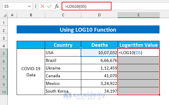 Use of LOG10 Function to Transform Data in Excel