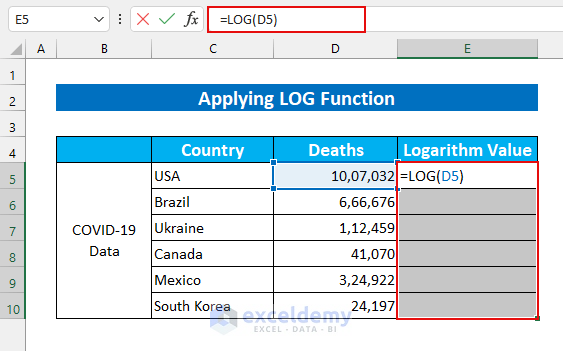 Log Transform Data in Excel Applying LOG Function