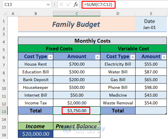 how to make a family budget in excel