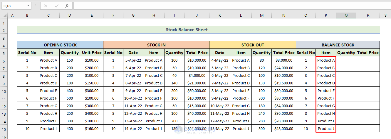 Calculate Balance Stock