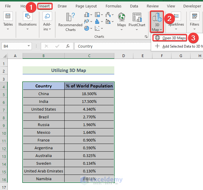 Utilizing 3D Map to Map Data in Excel