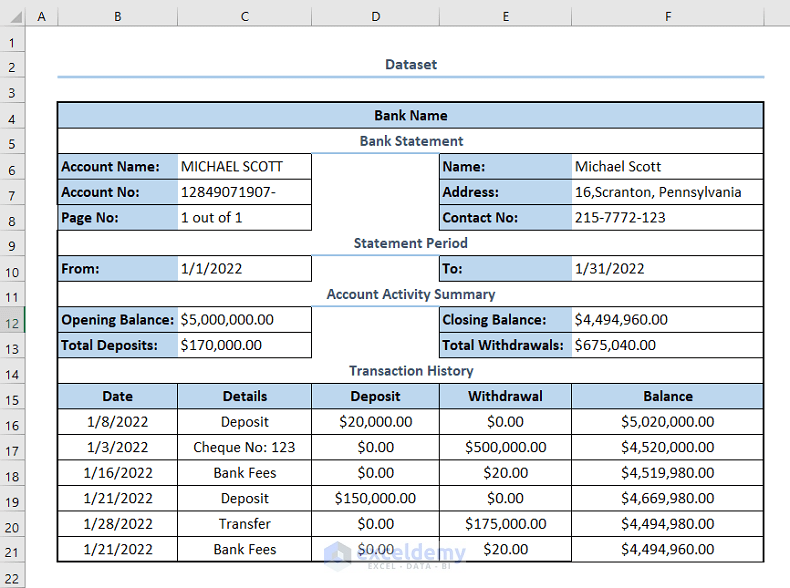 how to organize bank statements in excel dataset