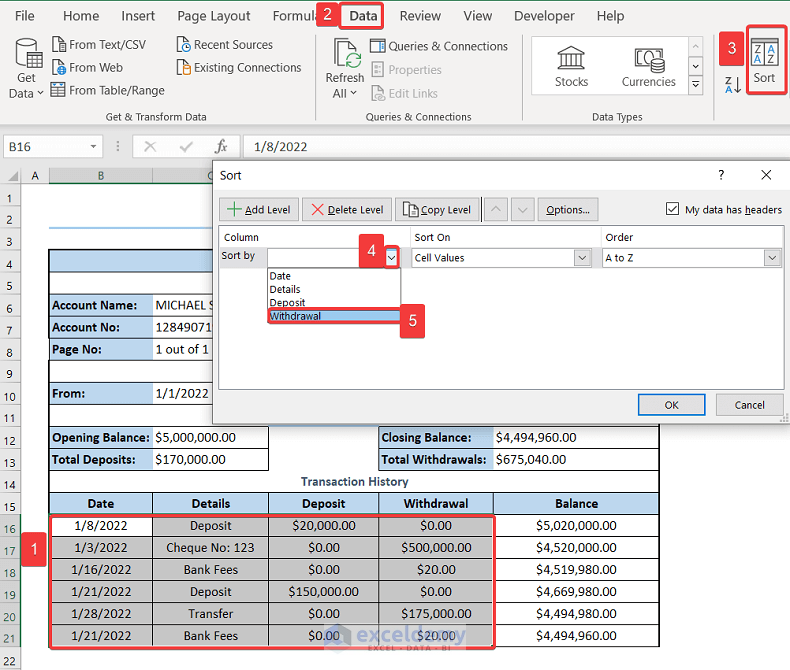 showing deposits first organized according to date of transaction in excel