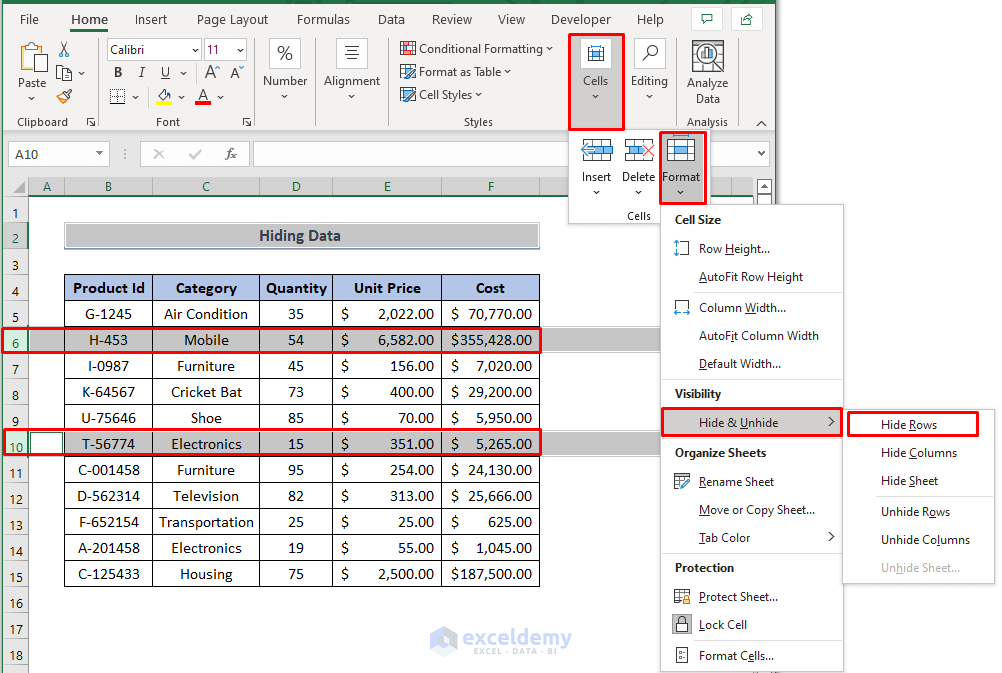 how to organize data in Excel for analysis by hiding