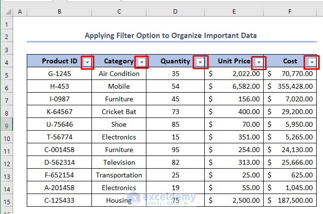 how to organize data in Excel for analysis using Sort bar