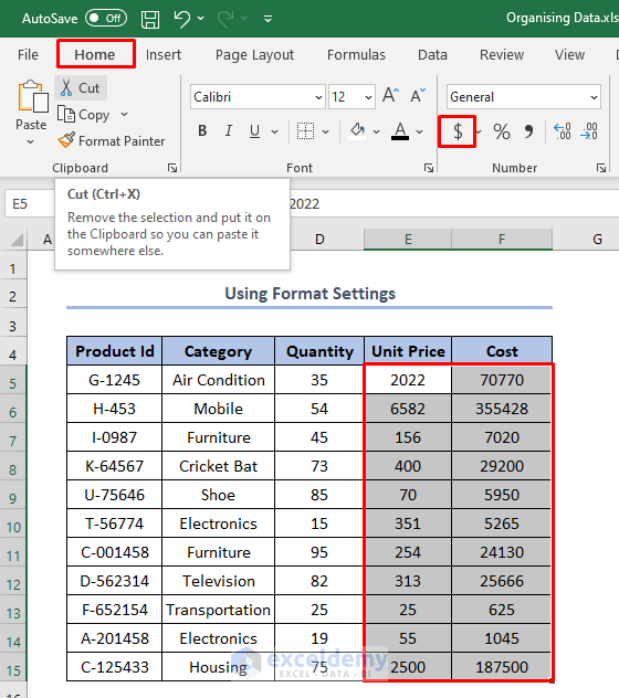 how to organize data in Excel for analysis using Format