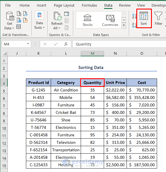 how to organize data in Excel for analysis using Sort bar
