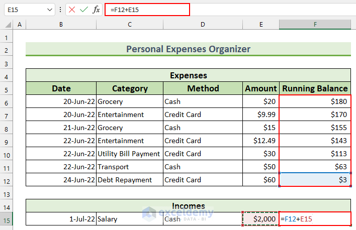 how to organize expenses in excel Total Balance