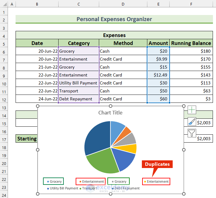 how to organize expenses in excel Failed Pie Chart