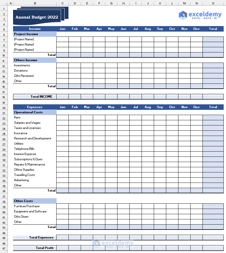 Design Preliminary Summary Layout to Prepare Annual Budget for a Company