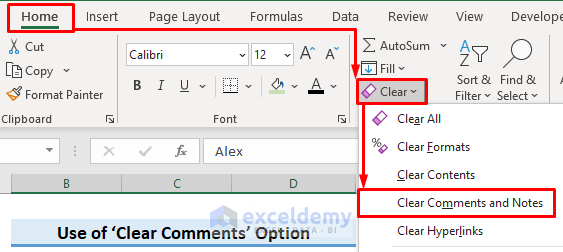 Remove Notes in Excel Using ‘Clear Comments and Notes’ Option