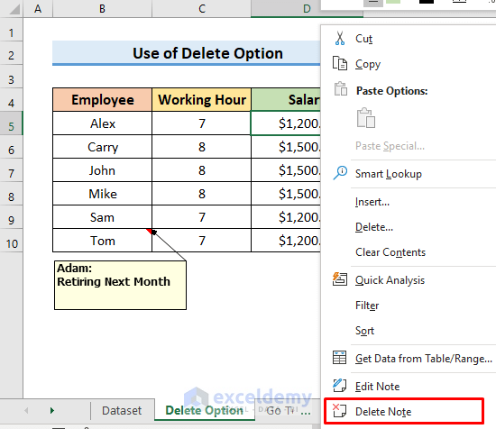 Use Delete Option to Remove Notes in Excel