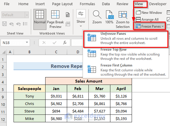 How to Remove Repetition of Rows When Scrolling in Excel