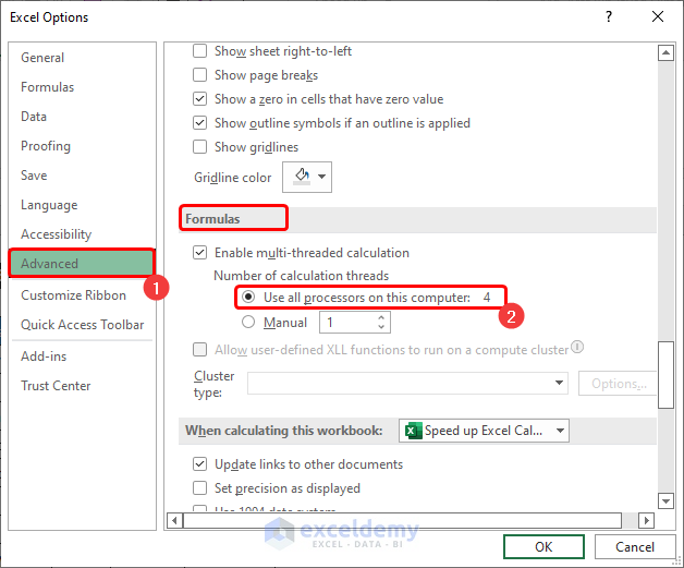 Changing Excel’s Advanced Formula Options to Speed up Excel Calculating 4 Processors