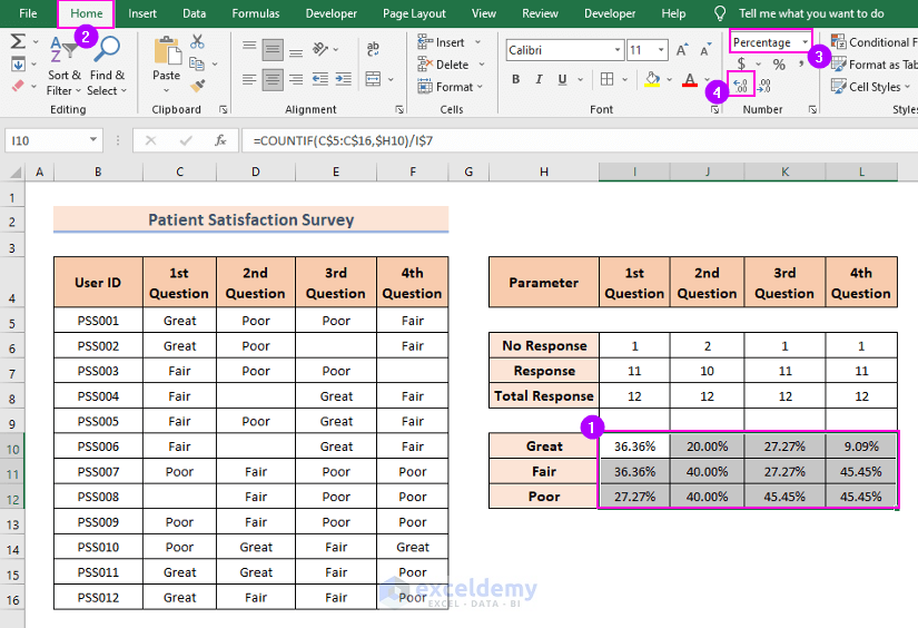 Calculate Feedback Percentages to Tally Survey Results in Excel