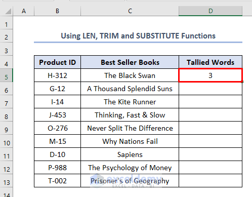 how to tally words in Excel using LEN, TRIM & SUBSTITUTE functions
