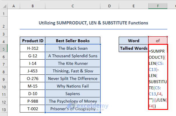  using SUMPRODUCT, LEN & SUBSTITUTE functions