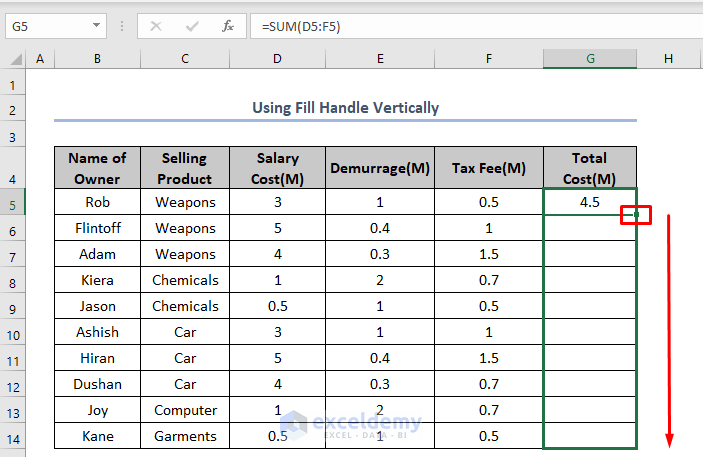 how to use fill handle to copy formula in excel