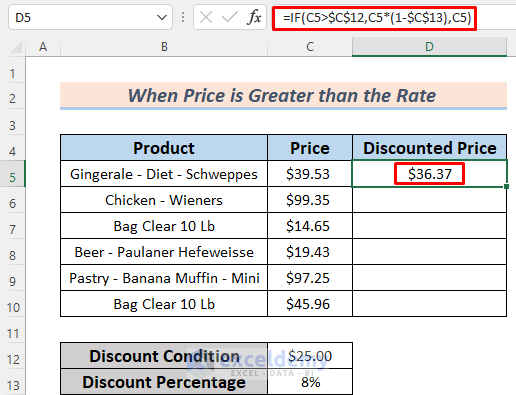 how to use if function in excel for discounts example 1