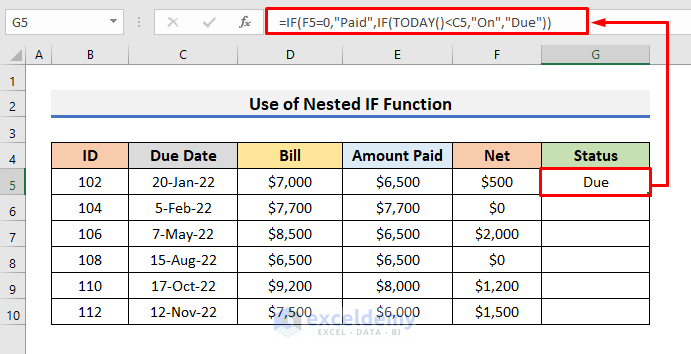 Determine Payment Status with Nested IF Function in Excel