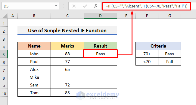 Use of Simple Nested IF Function to Find Results