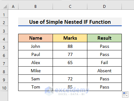 Use of Simple Nested IF Function to Find Results