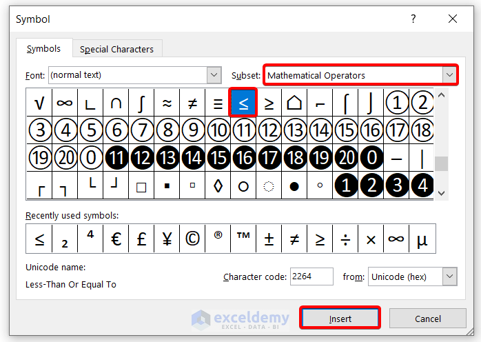 Inserting Less Than or Equal to Symbol in Excel