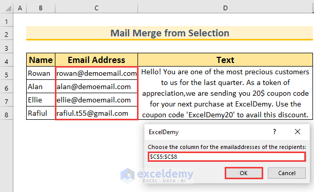 mail merge in excel without word InputBox