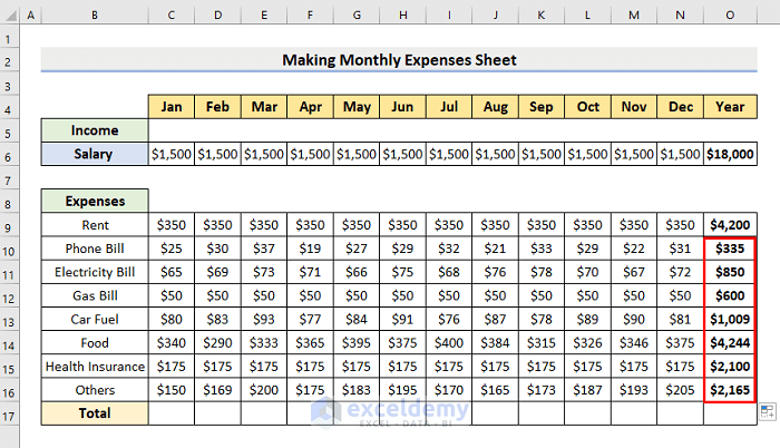 make monthly expenses sheet in excel