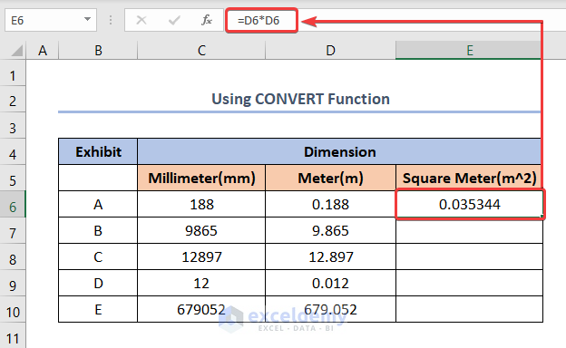 mm to square meter using CONVERT function in Excel