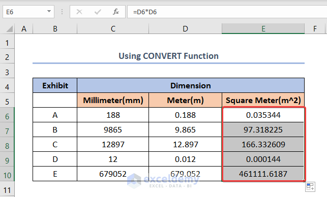 mm to square m convert function