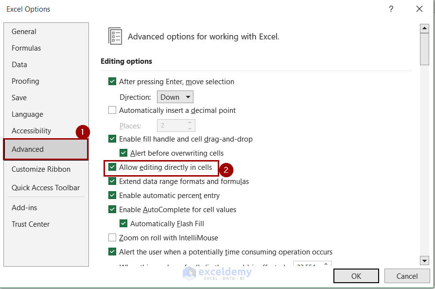 checking allow editing directly option