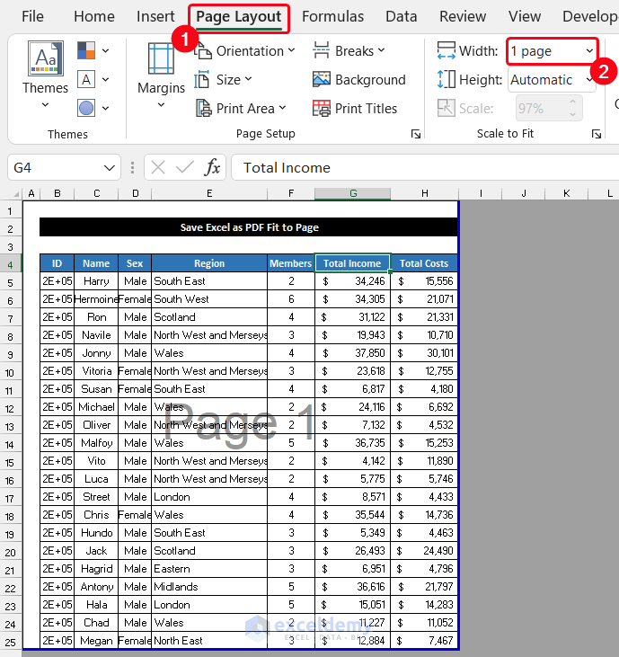 Change Values in Scale to Fit Group to Save Excel as PDF Fit into Page