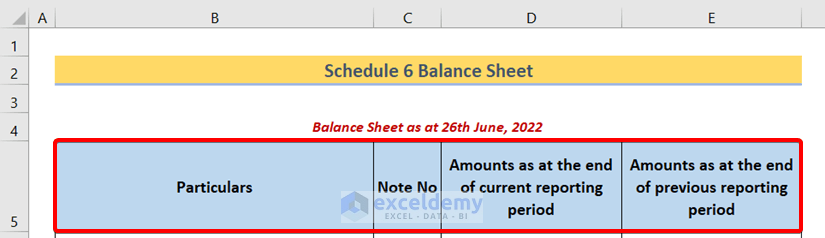 Columns of Schedule 6 Balance Sheet Format in Excel