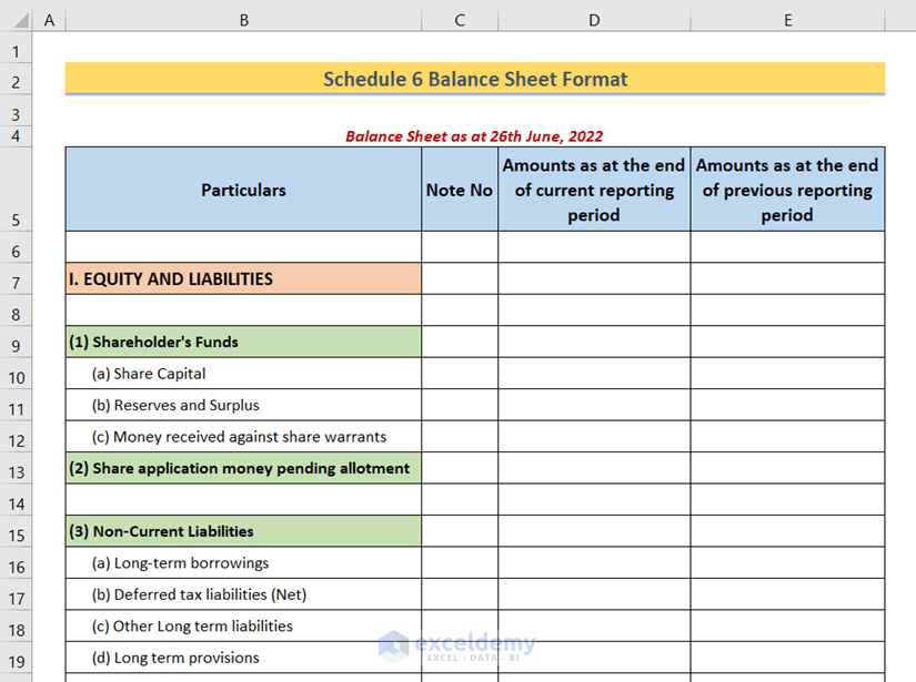 Schedule 6 Balance Sheet Format in Excel
