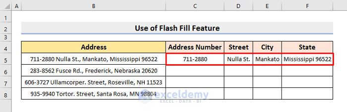 Use Flash Fill Feature to Separate Address Number from Street Name in Excel