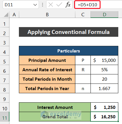 Assemble Simple Interest Calculator using Excel Formula for Month