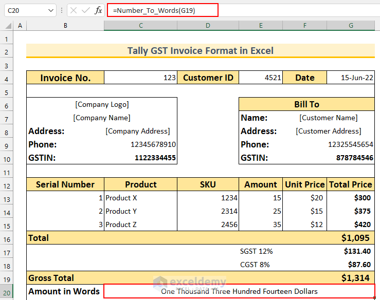 tally gst invoice format in excel Numbers in Words