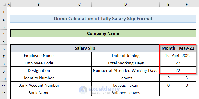 Demo Calculation of Tally Salary Slip Format in Excel