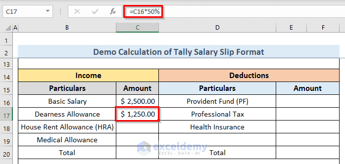 Demo Calculation of Tally Salary Slip Format in Excel