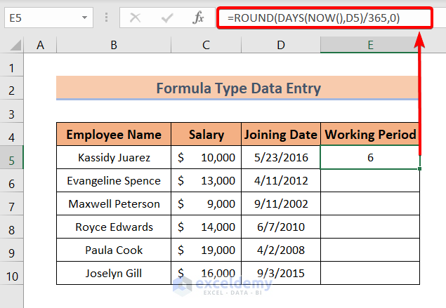 Formula Type: Types of Data Entry in Excel
