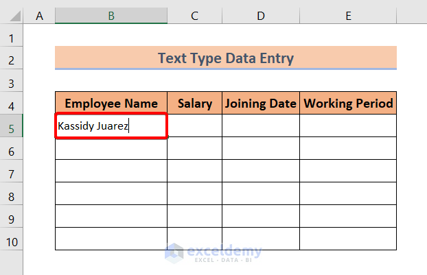 Text Type: Types of Data Entry in Excel