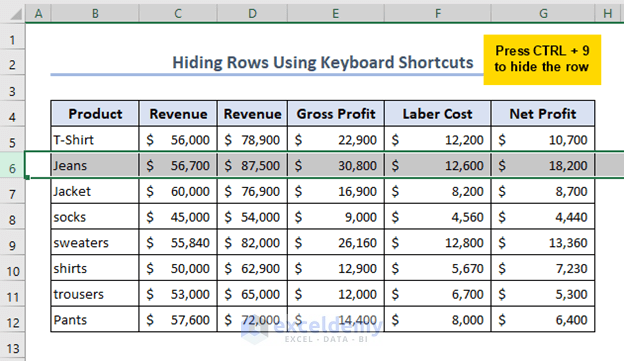 Hiding data row-wise in Excel