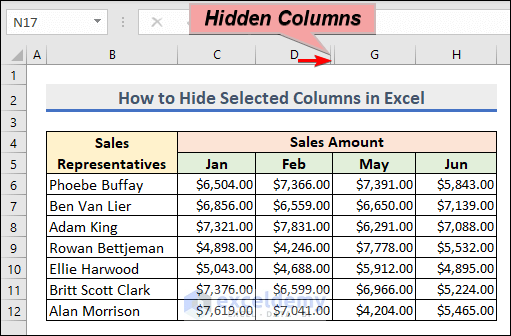 1-how to hide selected columns in Excel 