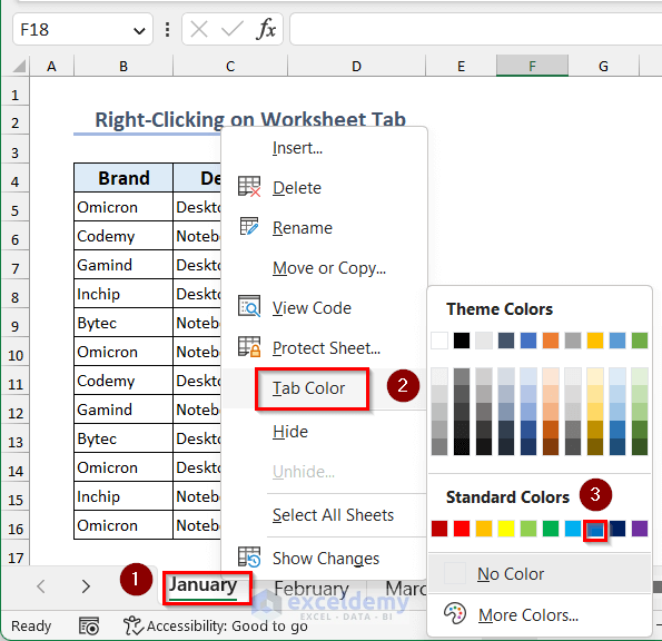 change worksheet tab color in Excel