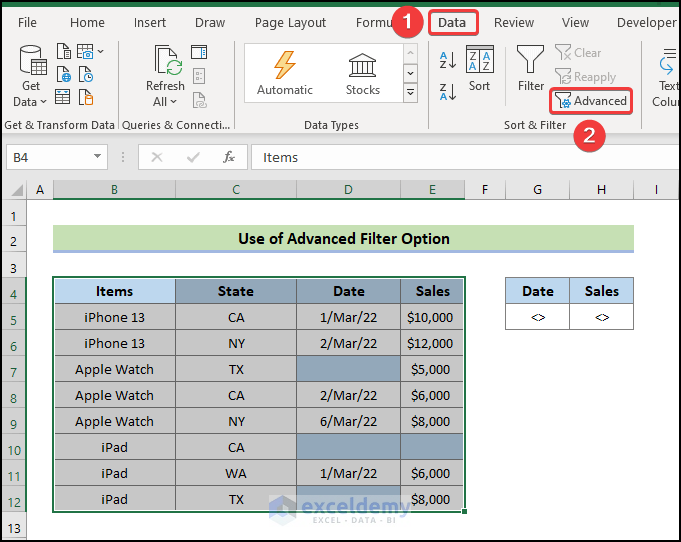 selecting advanced filter option
