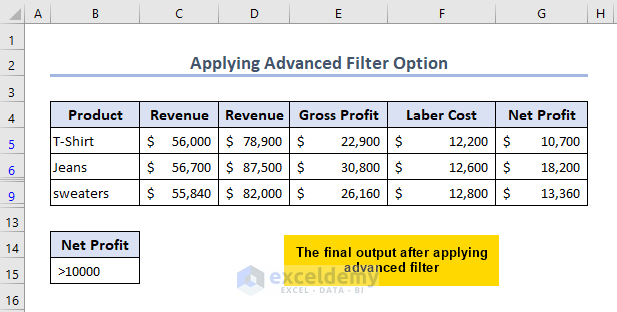 Final output after applying Advenced filter option to hide data in Excel