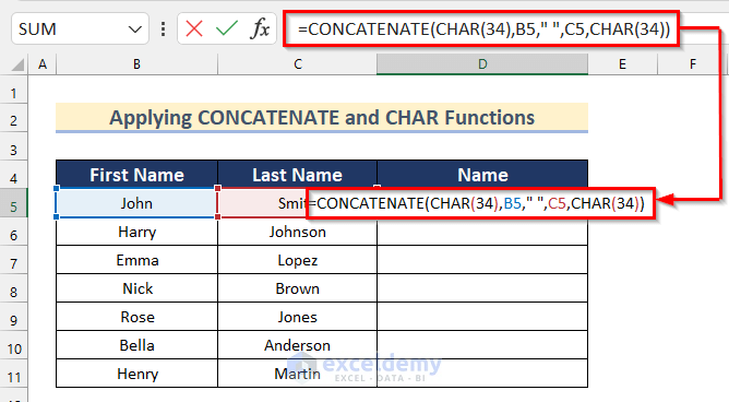 Applying CONCATENATE and CHAR Functions to Add Double Quotes in Excel Concatenate