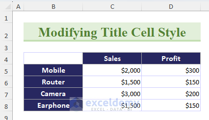 Selected modified title cell style in excel